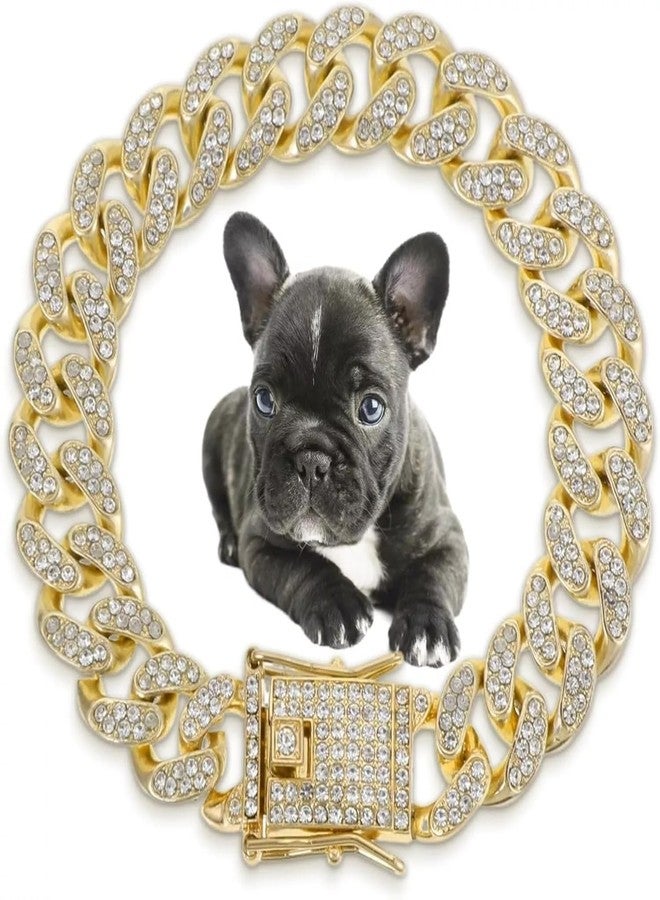 Pluzmecalm 1Pc 9inch Gold Dog Chain Diamond Collar Walking Metal Chain Necklace with Secure Buckle Pet Cuban Style Collar Jewelry Accessories for Small Medium Large Dog Cats (13mm Wide) - Image 1